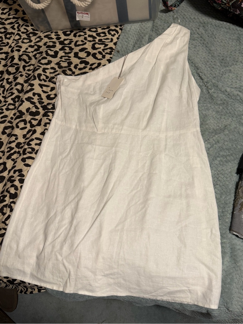 Target One-Shoulder White Linen-Blend Mini Dress